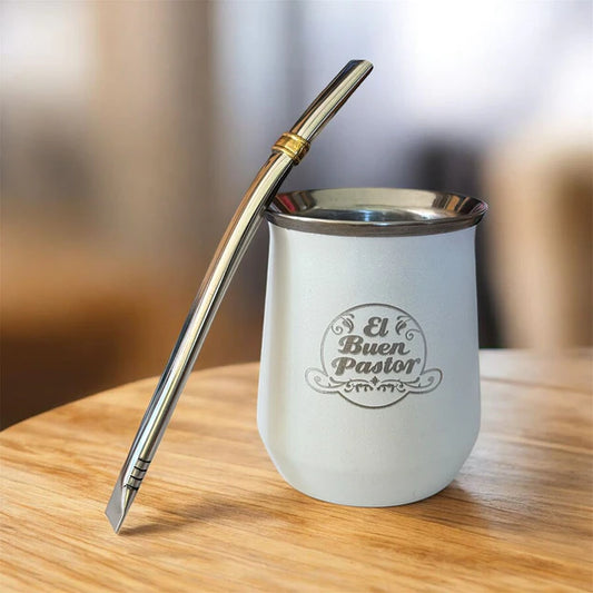 Mate Acero Inoxidable Blanco con Bombilla El Buen Pastor