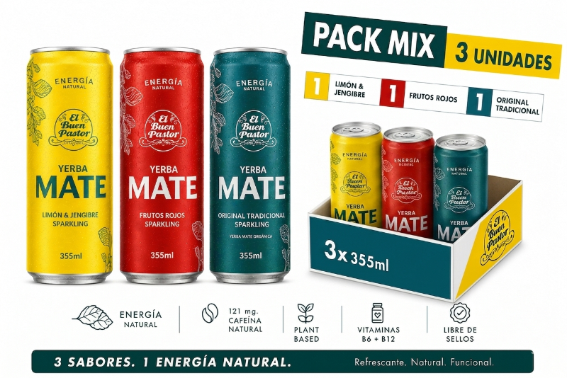 Pack x 3 Uni Bebida Energizante Natural Surtidas El Buen Pastor 355ml