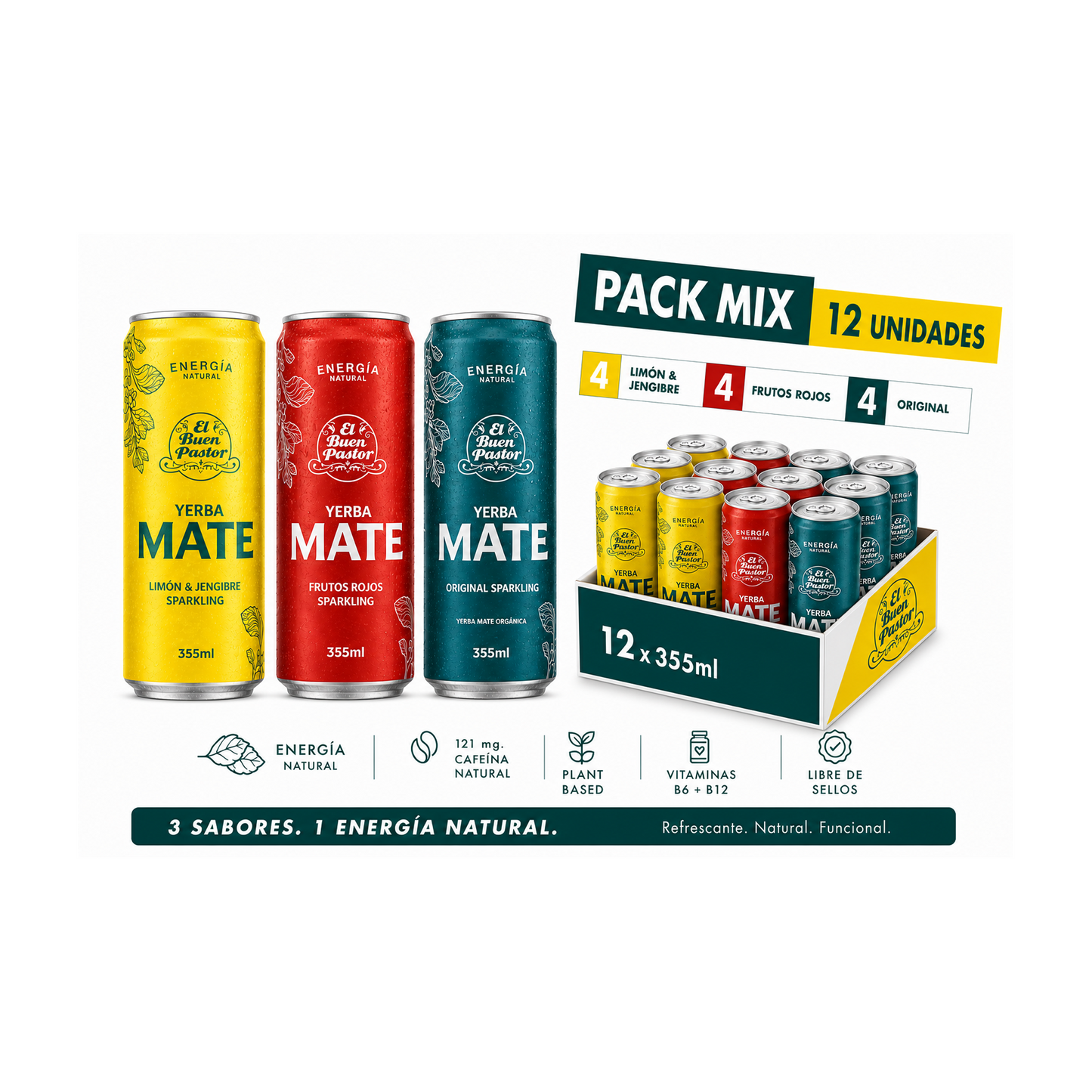 Pack x 12 Uni Bebida Energizante Natural Surtidas Yerba Mate El Buen Pastor 355 ml