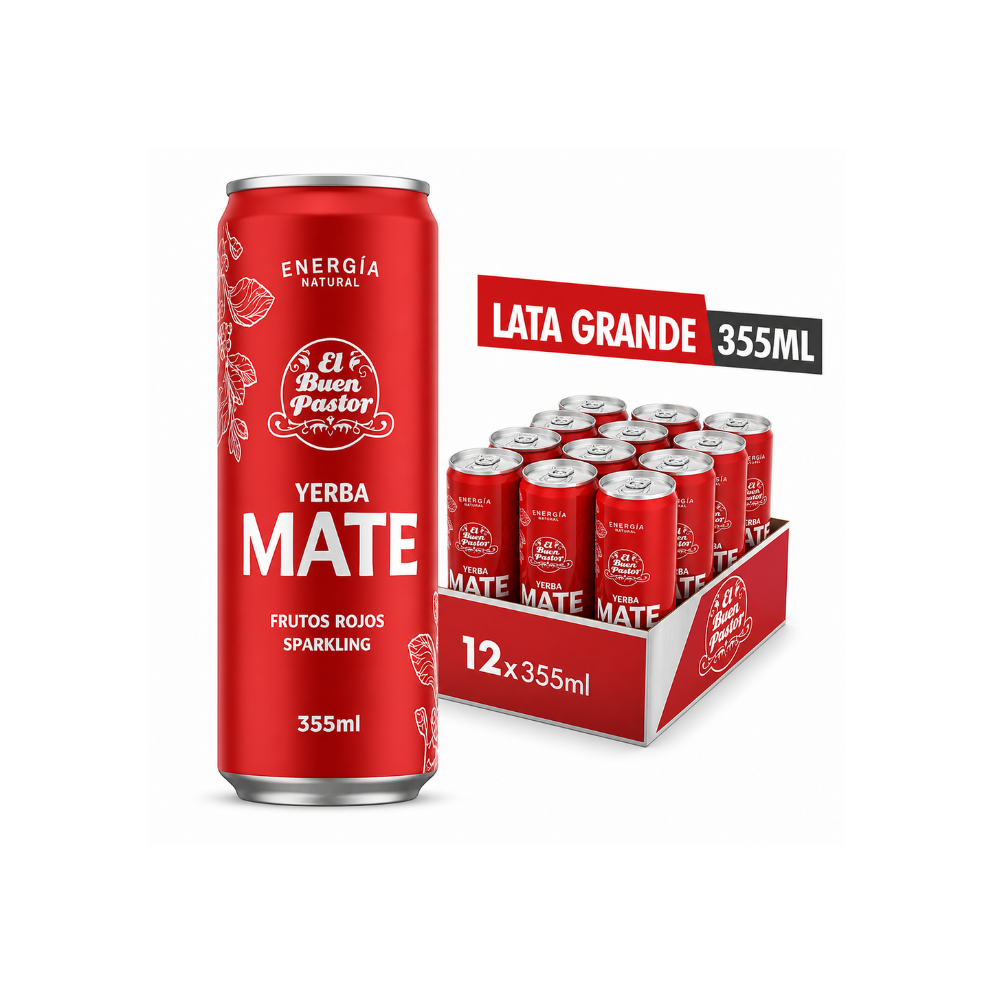 Pack x 12 Bebidas Energizante Natural Yerba Mate Frutos Rojos El Buen Pastor 355ml