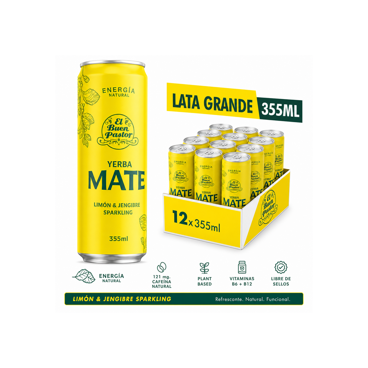 Pack x 12 Uni Bebida Energizante Natural Yerba Mate Limón & Jengibre El Buen Pastor 355ml