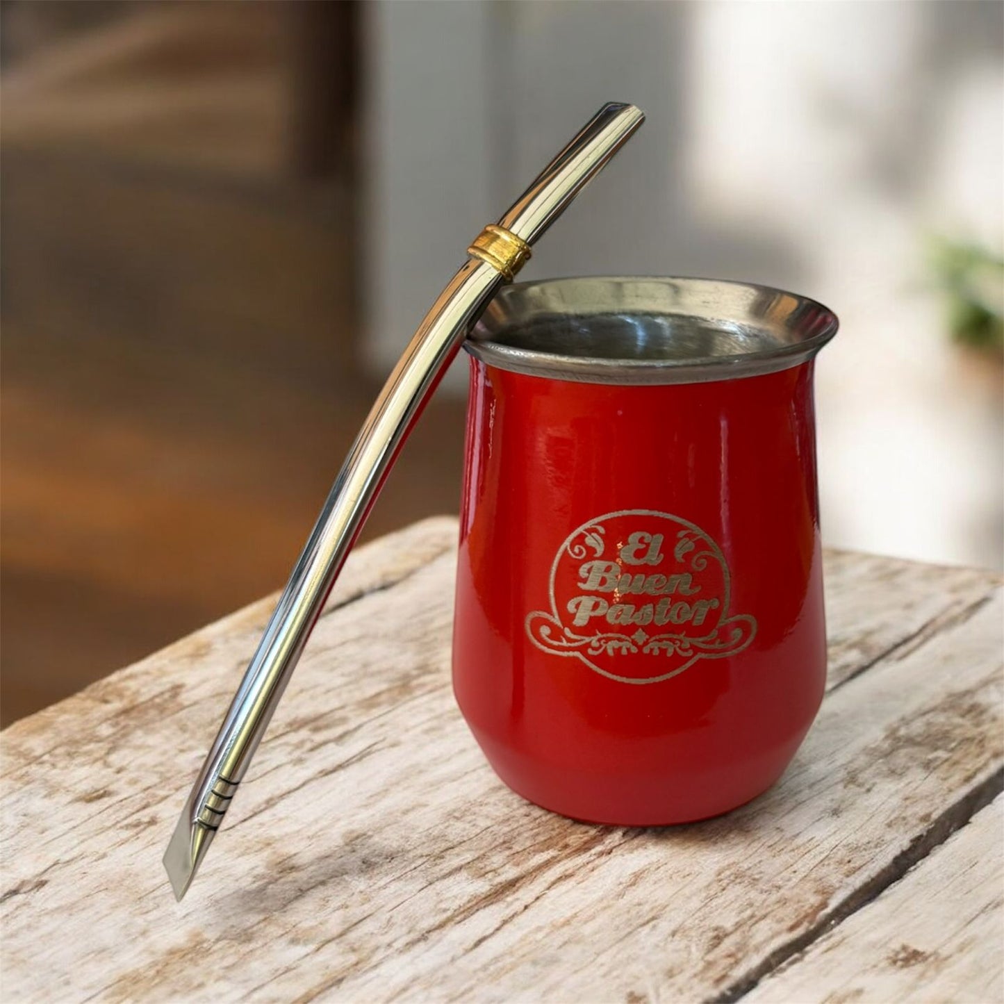 Mate Acero Inoxidable Rojo con Bombilla El Buen Pastor