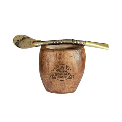 Mate de Madera Algarrobo GALLETA mas Bombilla Alpaca El Buen Pastor