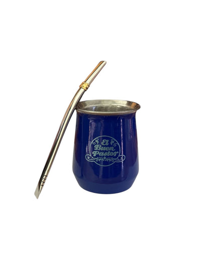 Mate Acero Inoxidable Azul con Bombilla El Buen Pastor