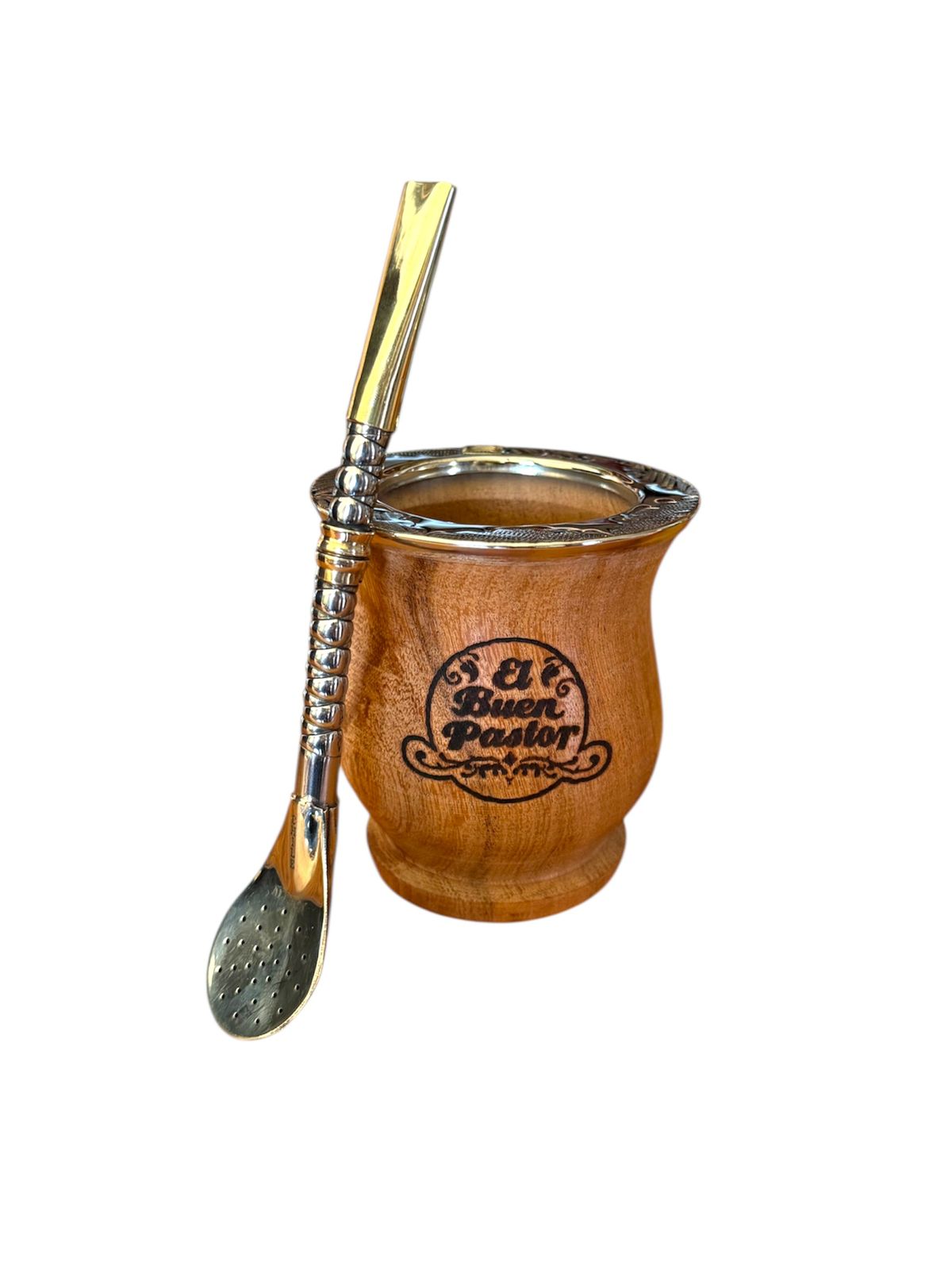 Mate Camionero de Algarrobo Virola Labrada mas Bombilla El Buen Pastor