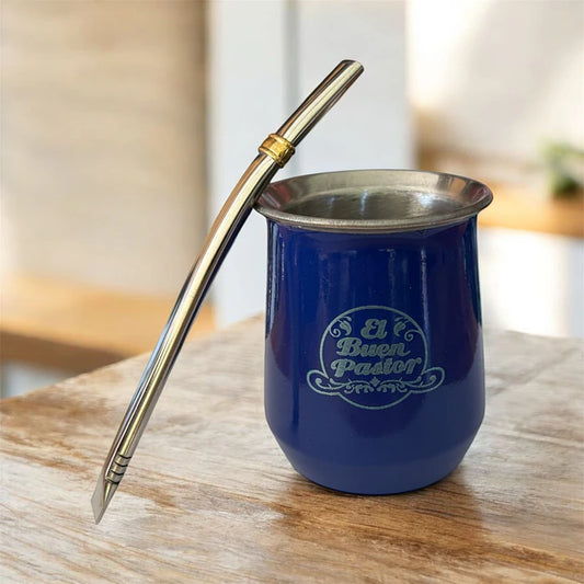 Mate Acero Inoxidable Azul con Bombilla El Buen Pastor