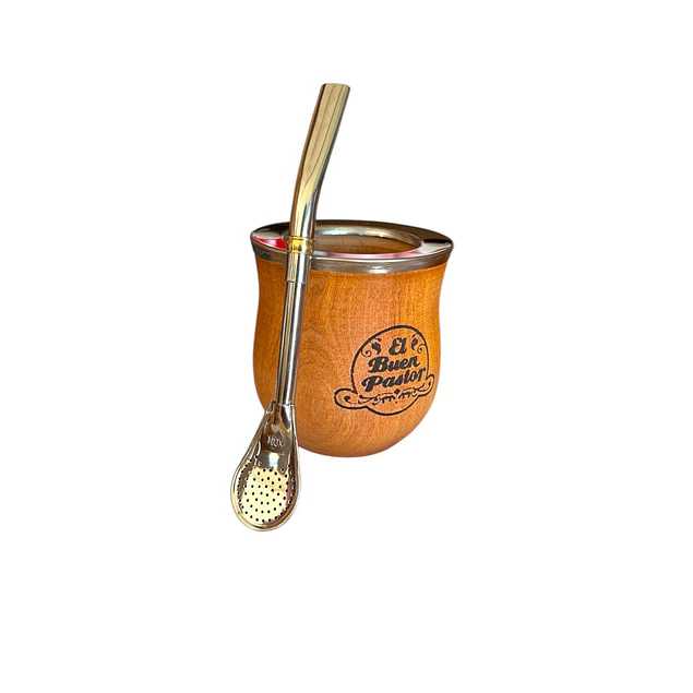 Mate Barrilito de Madera Algarrobo mas Bombilla El Buen Pastor
