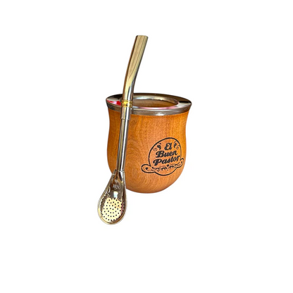 Mate Barrilito de Madera Algarrobo mas Bombilla El Buen Pastor