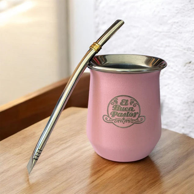 Mate Acero Inoxidable Rosado con Bombilla El Buen Pastor