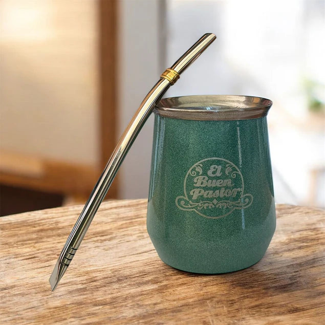 Mate Acero Inoxidable Verde Agua con Bombilla El Buen Pastor