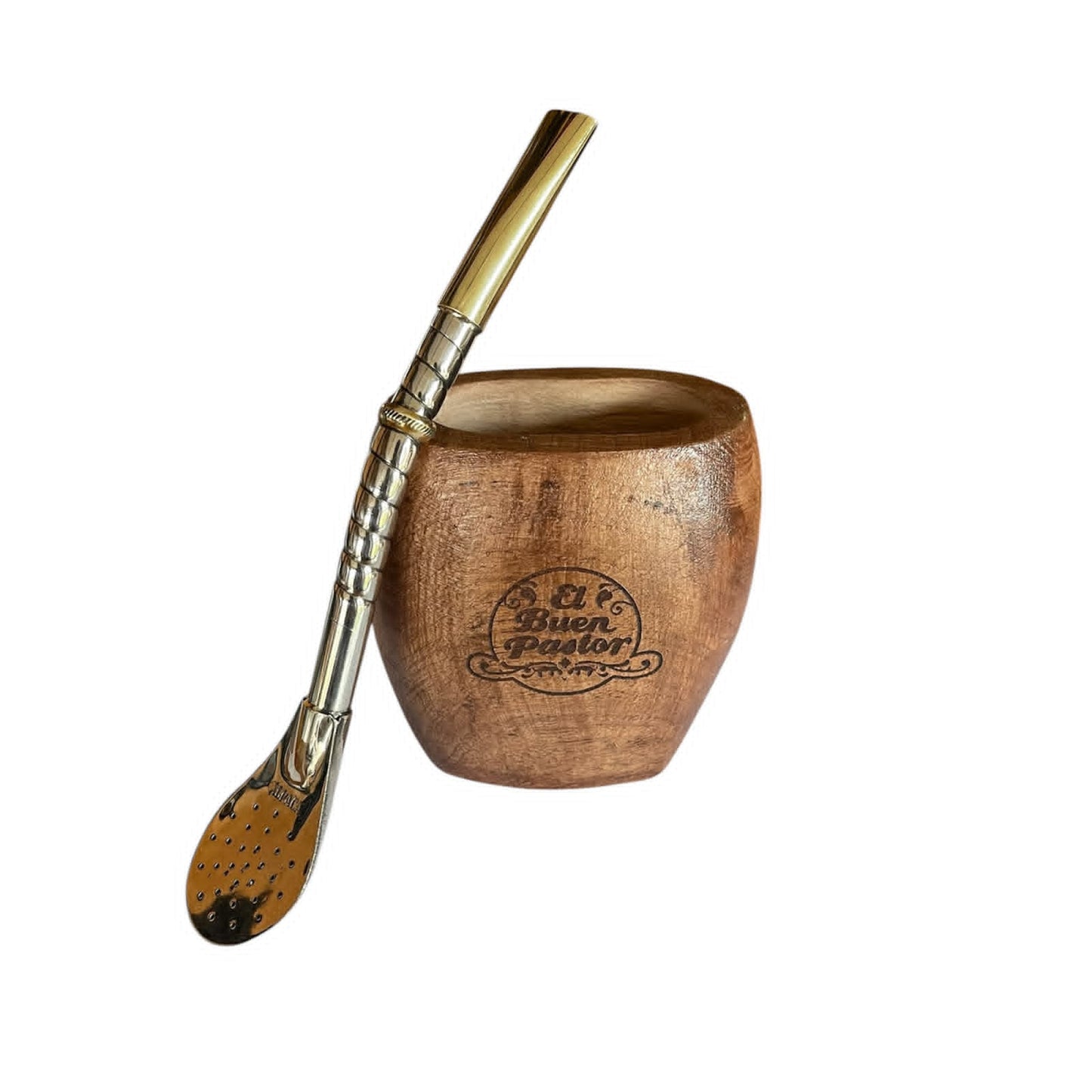Mate de Madera Algarrobo GALLETA mas Bombilla Alpaca El Buen Pastor