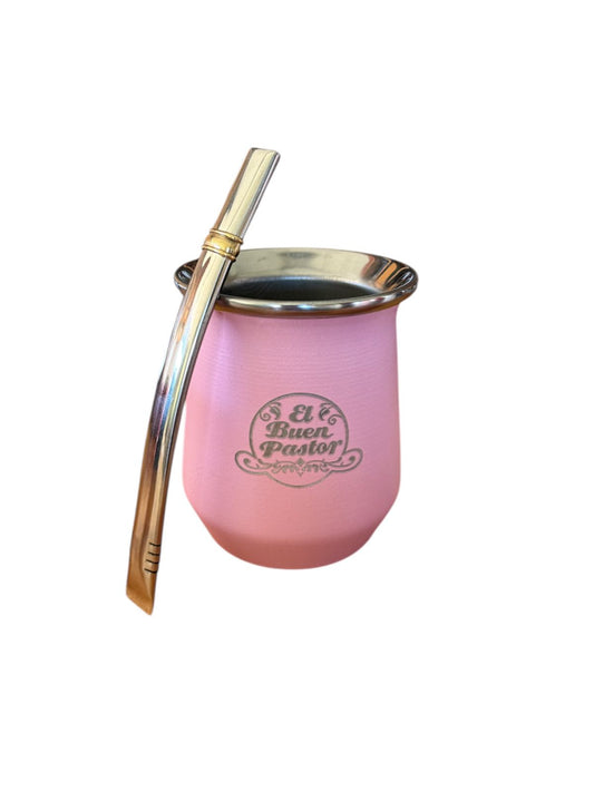 Mate Acero Inoxidable Rosado con Bombilla El Buen Pastor