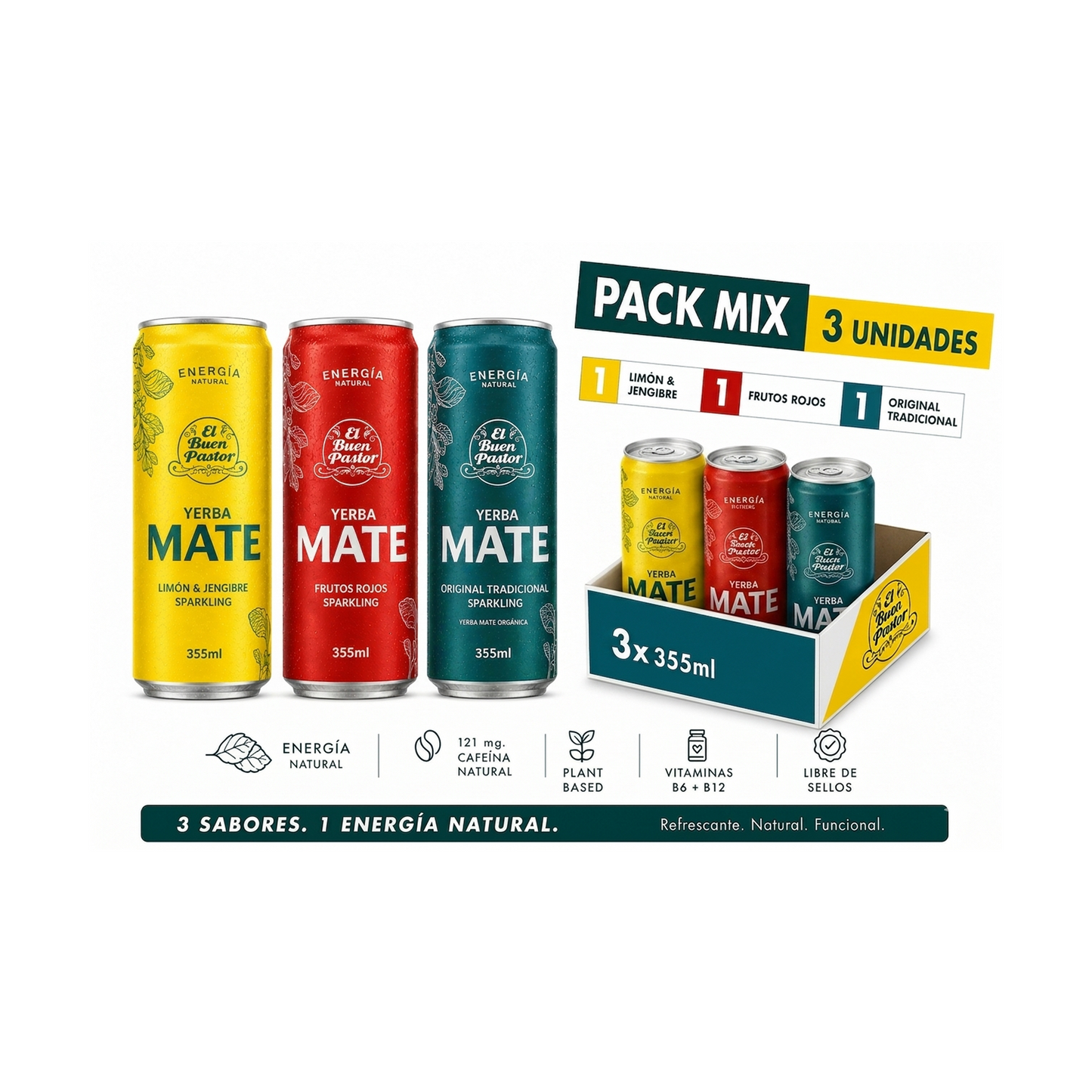 Pack x 3 Bebidas Energizante Natural Surtidas El Buen Pastor 355ml