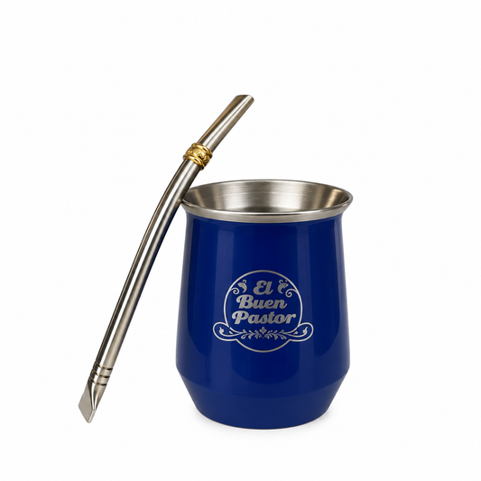 Mate Acero Inoxidable Azul con Bombilla El Buen Pastor