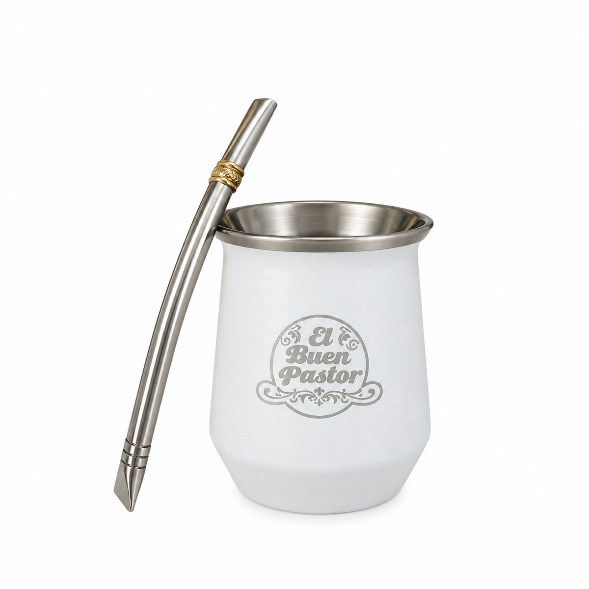 Mate Acero Inoxidable Blanco con Bombilla El Buen Pastor