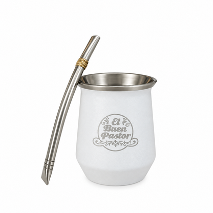 Mate Acero Inoxidable Blanco con Bombilla El Buen Pastor