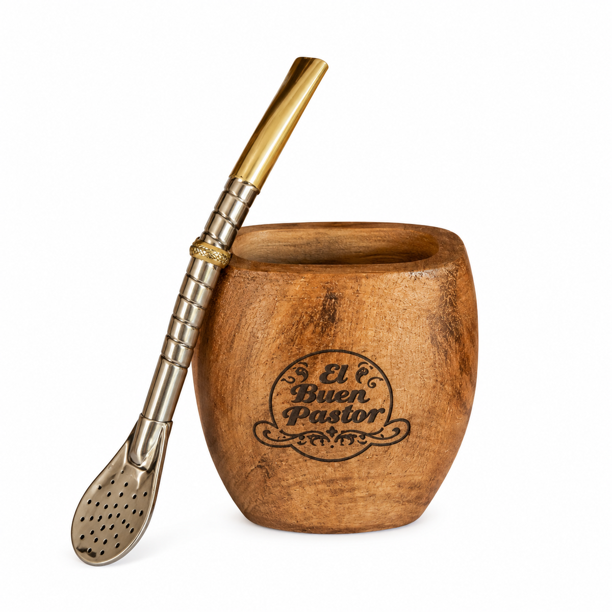 Mate de Madera Algarrobo GALLETA mas Bombilla Alpaca El Buen Pastor