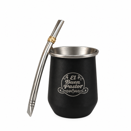 Mate Acero Inoxidable Negro con Bombilla El Buen Pastor