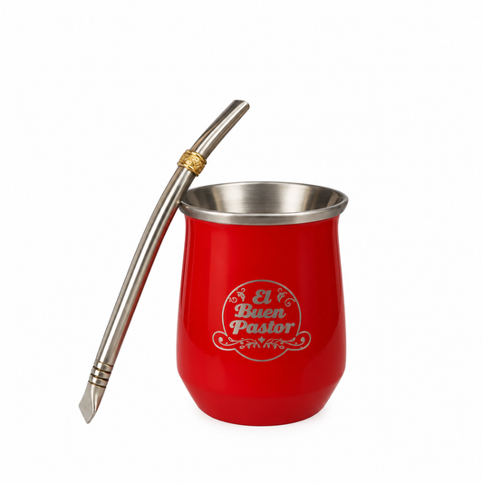 Mate Acero Inoxidable Rojo con Bombilla El Buen Pastor