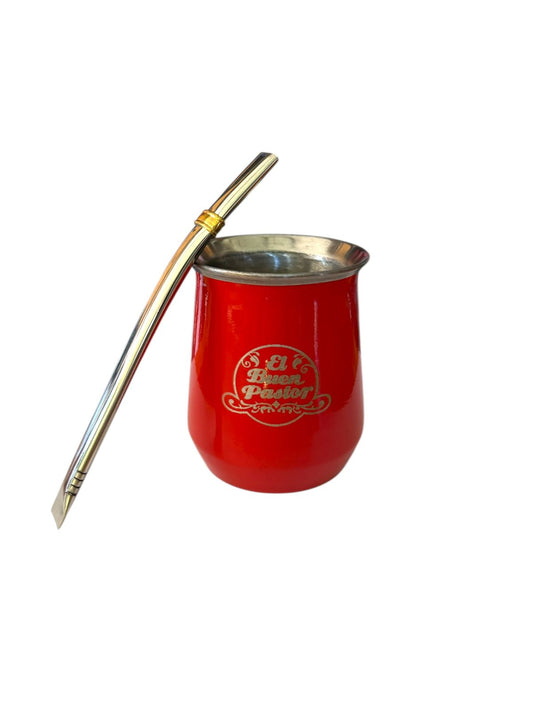 Mate Acero Inoxidable Rojo con Bombilla El Buen Pastor