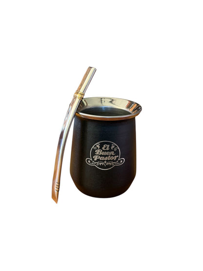 Mate Acero Inoxidable Negro con Bombilla El Buen Pastor