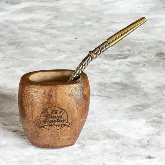 Mate de Madera Algarrobo GALLETA mas Bombilla Alpaca El Buen Pastor
