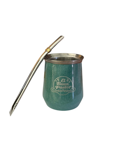 Mate Acero Inoxidable Verde Agua con Bombilla El Buen Pastor