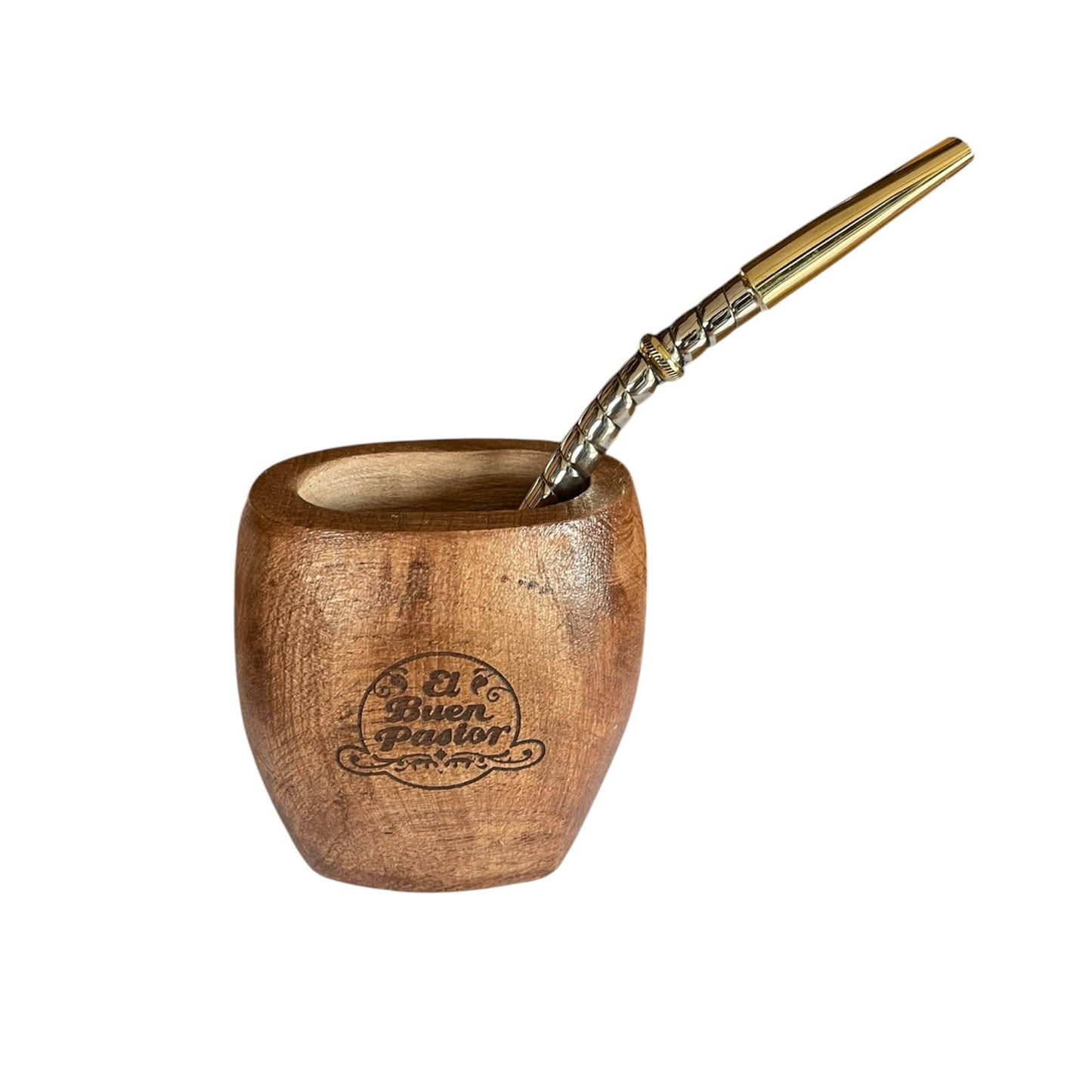 Mate de Madera Algarrobo GALLETA mas Bombilla Alpaca El Buen Pastor