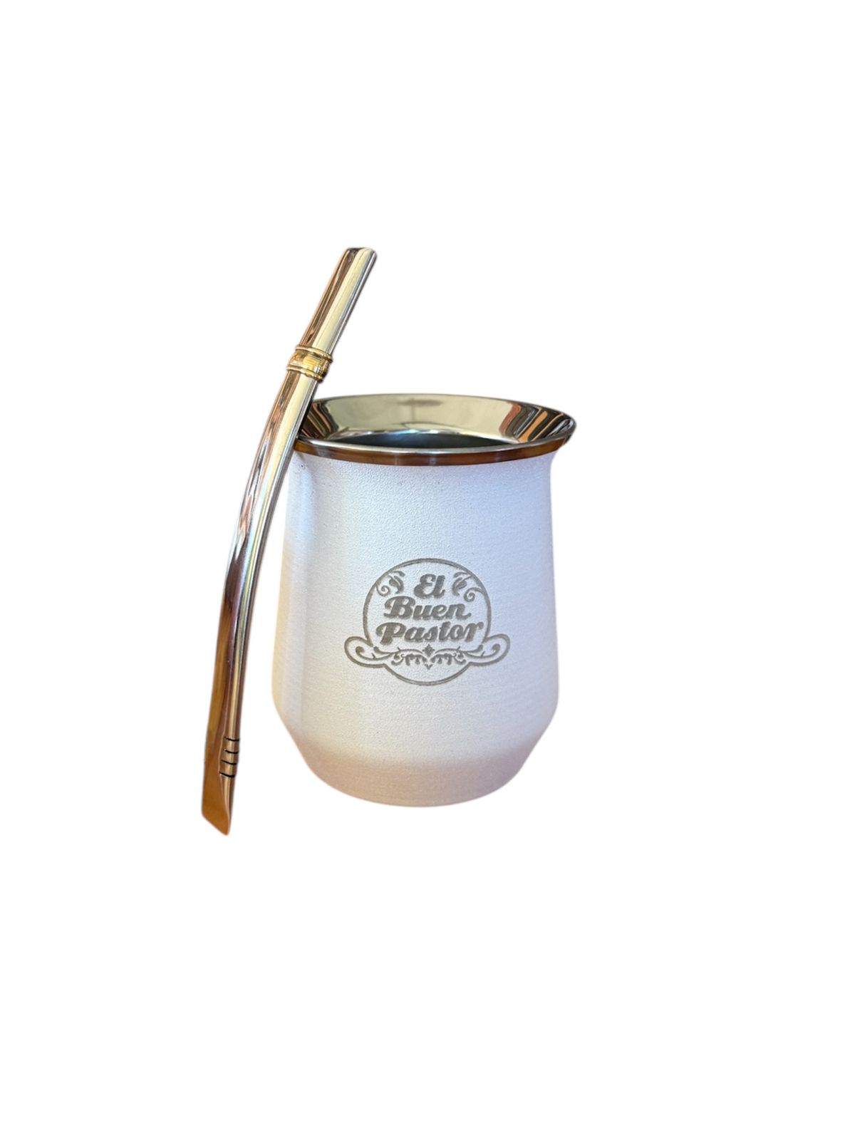 Mate Acero Inoxidable Blanco con Bombilla El Buen Pastor
