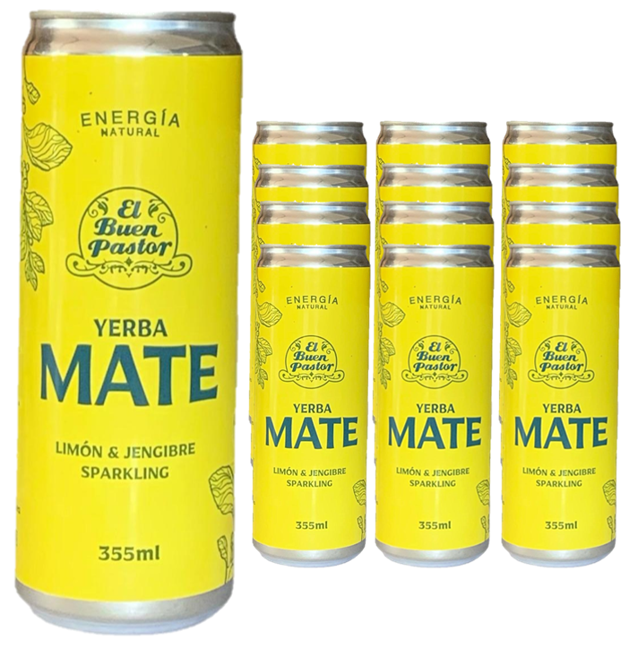 Pack x 12 Uni Bebida Energizante Natural Yerba Mate Limón & Jengibre El Buen Pastor 355ml